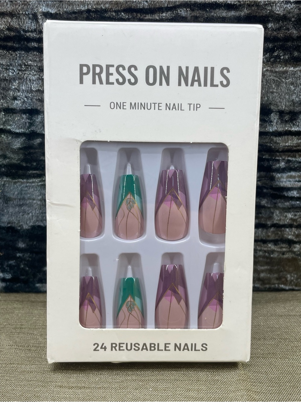 Press On Nails - Geometric Purple & Teal Reusable Nail Tips (24 Pack)